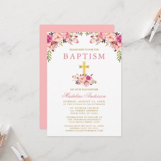 Elegante Wasserfarbe Rosa Blütengoldtaufen Einladung (Vorderseite/Rückseite Beispiel)