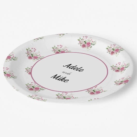 Elegante Wasserfarbe Rosa Bouquet Hochzeit Pappteller (Schrägansicht)