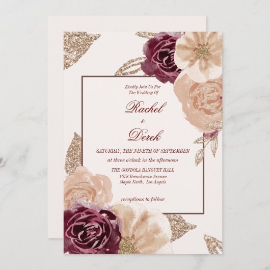 Elegante Wasserfarbe Rosa Burgund Blumenzwiese Einladung (Vorne/Hinten)