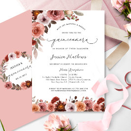 Elegante Wasserfarbe Rosa Flora Quinceñera Einladung