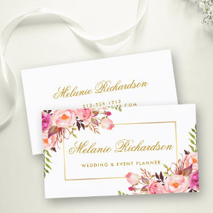 Elegante Wasserfarbe Rosa Floral und Goldrahmen Visitenkarte
