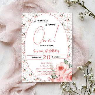 Elegante Wasserfarbe Rosa Girl 1. Geburtstag Einladung