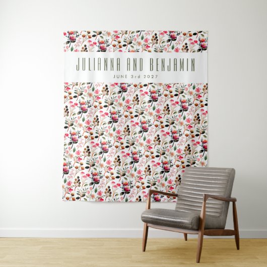 Elegante Wasserfarbe Rosa Grüne Gewohnte Hochzeit Wandteppich (Beispiel)