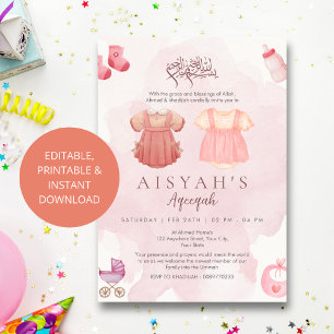 Elegante Wasserfarbe Rosa Islamisches Baby-Mädchen Einladung