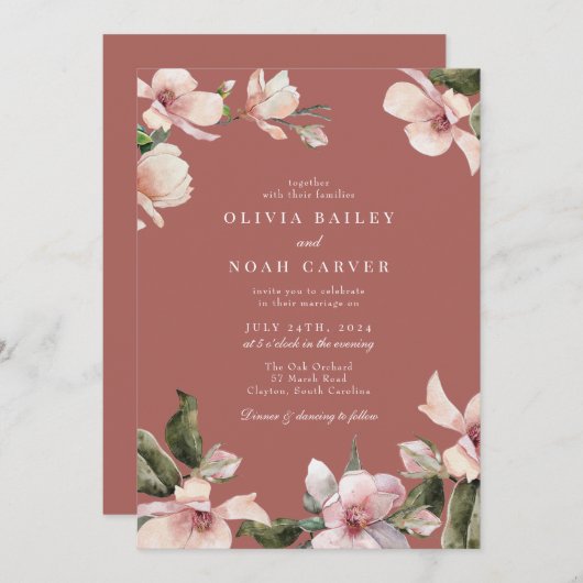 Elegante Wasserfarbe Rosa Magnolia Einladung (Vorne/Hinten)