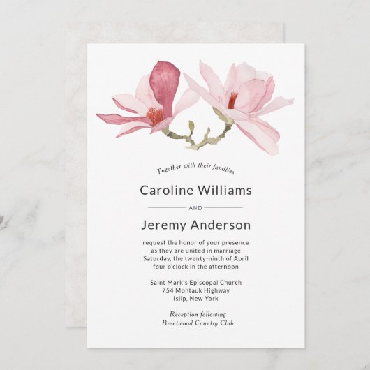 Elegante Wasserfarbe Rosa Magnolia Hochzeit Einladung (Vorne/Hinten)