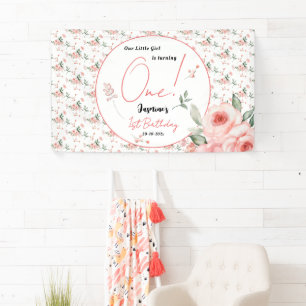 Elegante Wasserfarbe Rosa Rose Mädchen 1. Geburtst Banner