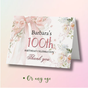 Elegante Wasserfarbe Rosa Schleife Floral 100. Geb Dankeskarte