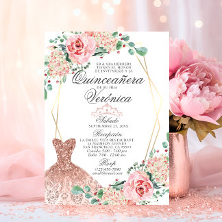 Elegante Wasserfarbe Rosa Spanische Quinceñera Qui Einladung