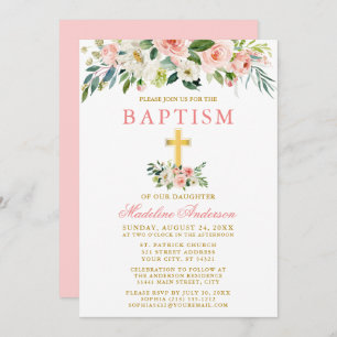 Elegante Wasserfarbe Rosa Weiße Blütengoldtaufe Einladung