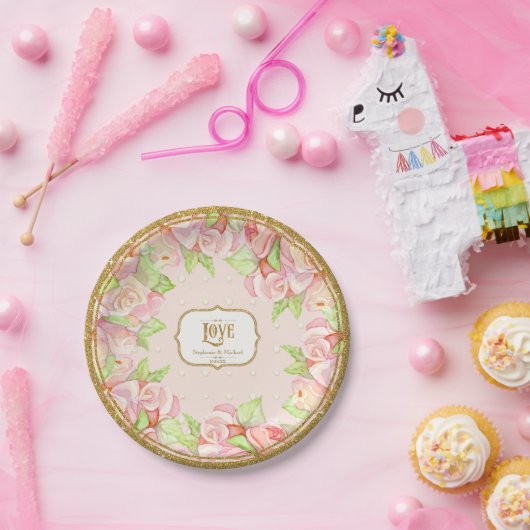 Elegante Wasserfarbe Rose Bouquet Blumenrosa Gold Pappteller