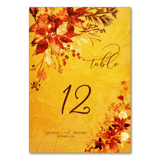 Elegante Wasserfarbe Rot und Gold Poinsettia Hochz Tischnummer (Vorderseite)