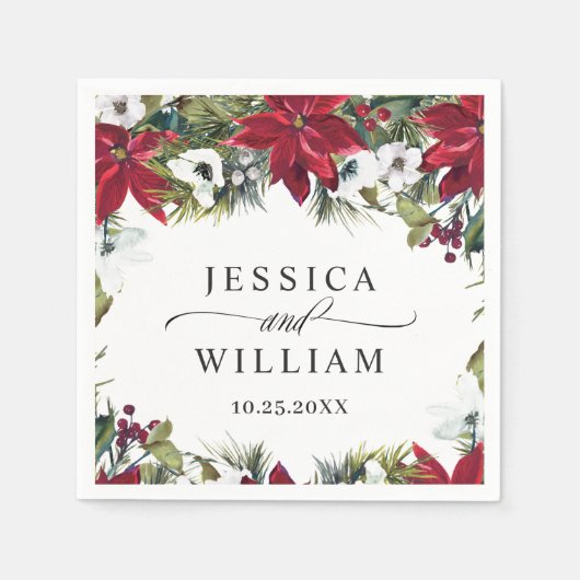 Elegante Wasserfarbe Rote Poinsettia Pine Fir Wedd Serviette (Vorderseite)