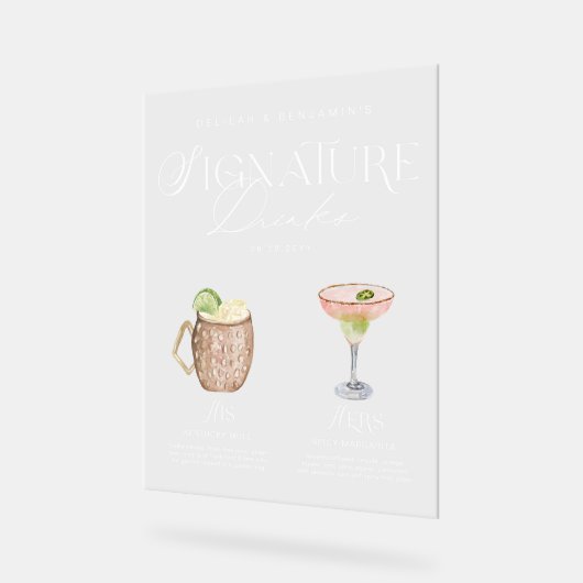 Elegante Wasserfarbe Seine Signature Drink Hochzei Acrylschild (Winkel)