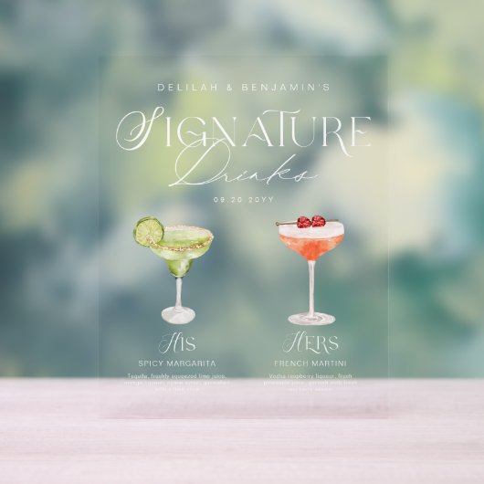 Elegante Wasserfarbe Seine Signature Drink Hochzei Acrylschild (Neutral)