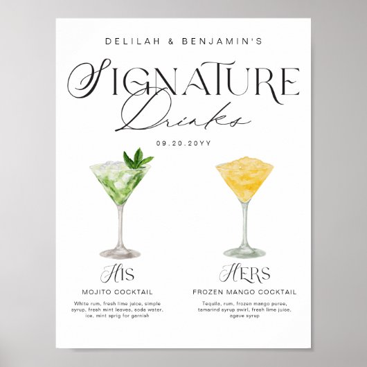 Elegante Wasserfarbe Seine Signature Drink Hochzei Poster (Vorne)
