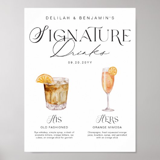Elegante Wasserfarbe Seine Signature Drink Hochzei Poster (Vorne)