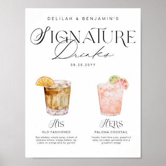 Elegante Wasserfarbe Seine Signature Drink Hochzei Poster (Vorne)