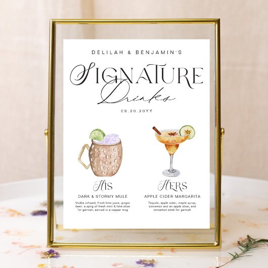 Elegante Wasserfarbe Seine Signature Drink Hochzei Poster
