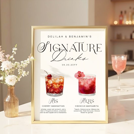 Elegante Wasserfarbe Seine Signature Drink Hochzei Poster