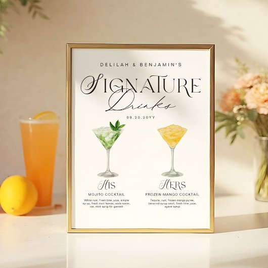 Elegante Wasserfarbe Seine Signature Drink Hochzei Poster