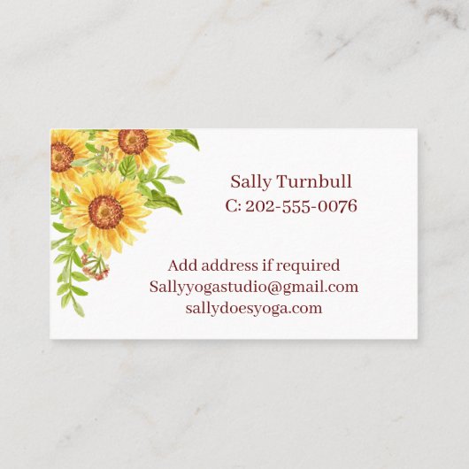 Elegante Wasserfarbe Sonnenblume Visitenkarte (Rückseite)