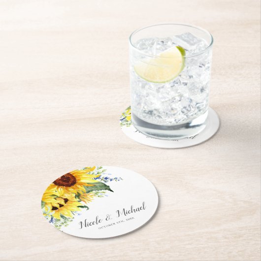 Elegante Wasserfarbe Sonnenblumen Personalisiert H Runder Pappuntersetzer (Vor Ort)