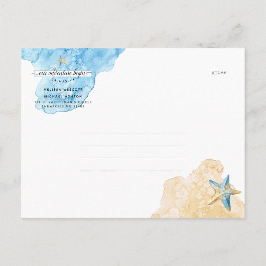 Elegante Wasserfarbe Starfish Küste Save the Date Ankündigungspostkarte (Rückseite)