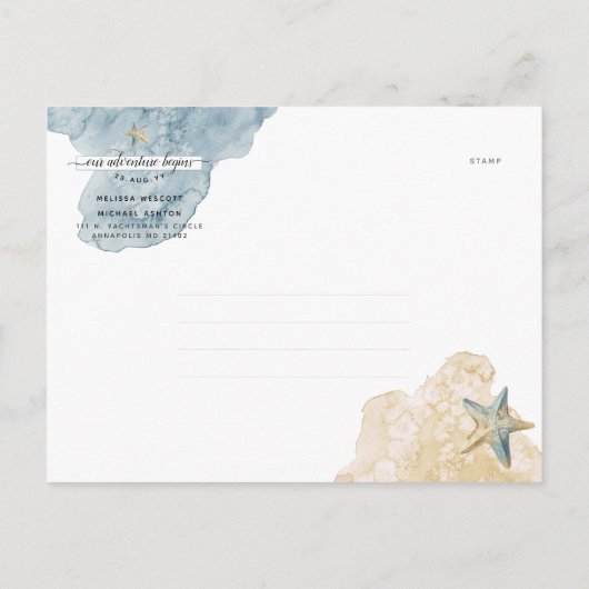 Elegante Wasserfarbe Starfish Küste Save the Date Ankündigungspostkarte (Rückseite)