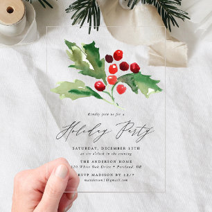 Elegante Wasserfarbe Stechpalmenbeeren Weihnachtsf Acryleinladungen
