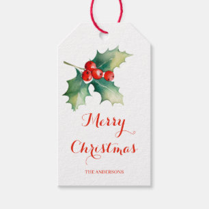 Elegante Wasserfarbe Stechpalmenblätter Weihnachte Geschenkanhänger