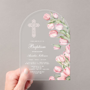 Elegante Wasserfarbe Tulpenbogen Taufe Acryleinladungen