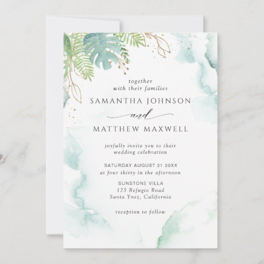 Elegante Wasserfarbe und Grüne Hochzeit Einladung (Vorderseite)