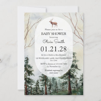 Elegante Wasserfarbe-Wald-Reh-Baby-Party  Einladung