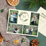 Elegante Wasserfarbe Weihnachtskranz 4 Foto Feiertagspostkarte<br><div class="desc">Eine moderne und elegante Urlaubskarte mit Aquarellweih-Weihnachtsblumen und botanischem Kranz in einem stilvollen,  cremefarbenen Hintergrund. Text und Monogramm sind ein einfacher,  minimalistischer Serif-Schriftart. Vier schöne Foto-Slots,  die Sie personalisieren können. (Platzierung Foto von Elina Fairytale auf Pexel. Bitte ersetzen Sie es mit Ihrem eigenen.)</div>