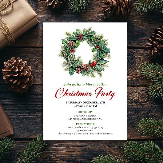 Elegante Wasserfarbe-Weihnachtskränzchen-Party-Ein Einladung