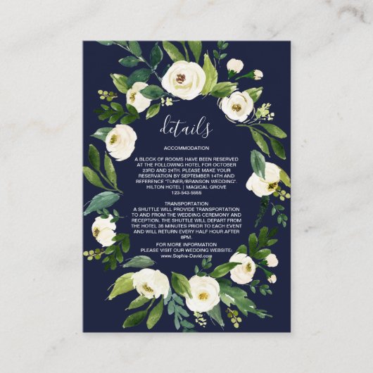 Elegante Wasserfarbe Weiße Blütenblätter Dunkelbla Begleitkarte (Vorderseite)