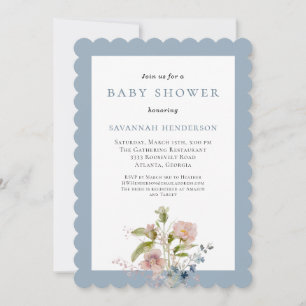 Elegante Wasserfarbe-Wildblumen-Babyparty in Blau Einladung