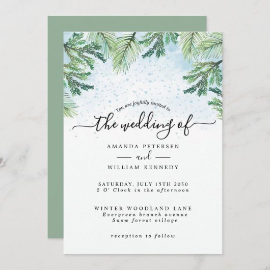 Elegante Wasserfarbe Winter Evergreen Typografie Einladung (Vorne/Hinten)
