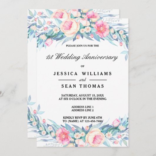 Elegante Wasserfarben - 1. Hochzeitstag Einladung (Vorne/Hinten)