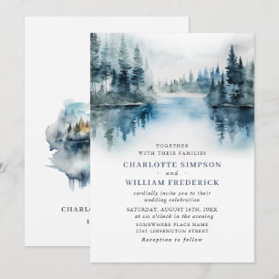 Elegante Wasserfarben Berge Wald Hochzeit Einladung