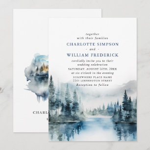 Elegante Wasserfarben Berge Wald Hochzeit Einladung