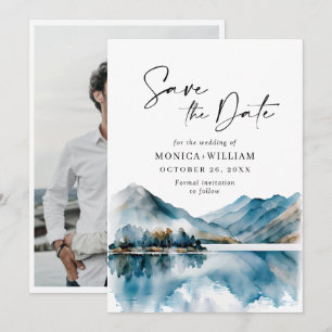 Elegante Wasserfarben Berge Wald Hochzeitsfoto Save The Date