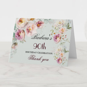 Elegante Wasserfarben-Blumen-90.-Geburtstagsfeier Dankeskarte