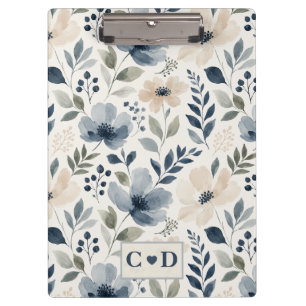 Elegante Wasserfarben-Blumen Blau Creme Floral Klemmbrett
