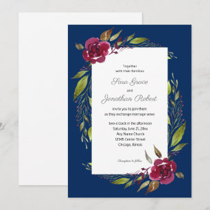 Elegante Wasserfarben-Blumen Navy Blau Hochzeit Einladung