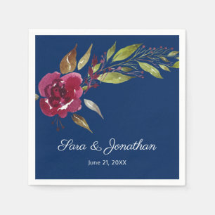 Elegante Wasserfarben-Blumen Navy Blau Hochzeit Serviette