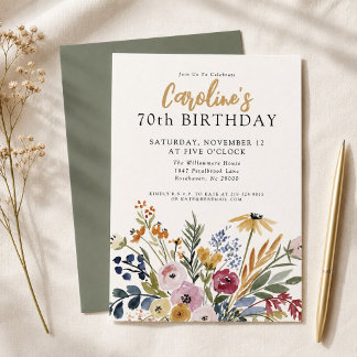 Elegante Wasserfarben-Blumen zum 70. Geburtstag Einladung