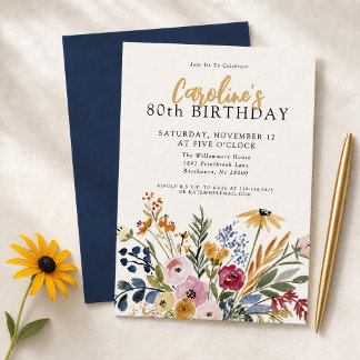 Elegante Wasserfarben-Blumen zum 80. Geburtstag Einladung