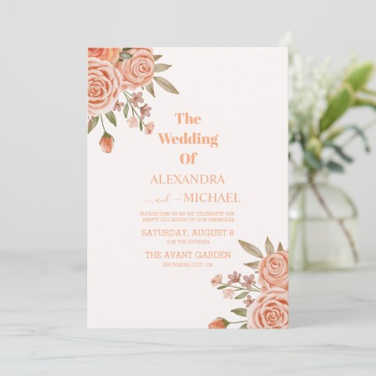 Elegante Wasserfarben Blumenpfirsich Fuzz Hochzeit Einladung (Stehend Vorderseite)
